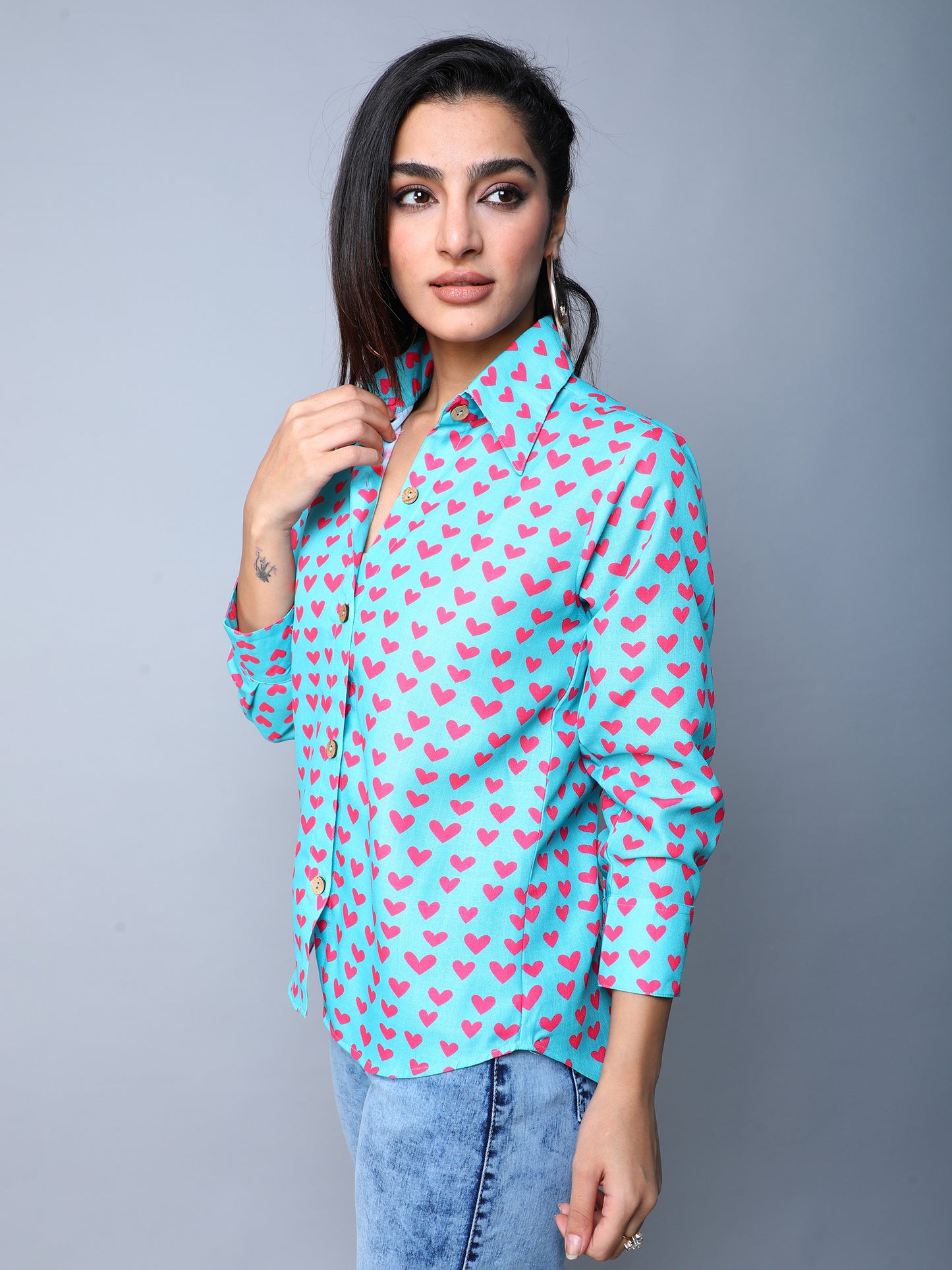 Teal Button-Down Shirt with Pink Heart Print