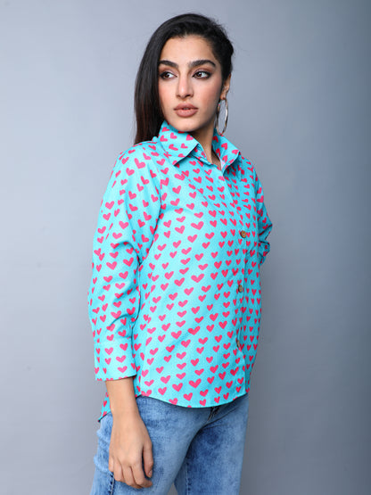 Teal Button-Down Shirt with Pink Heart Print