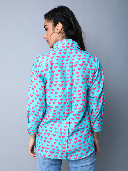 Teal Button-Down Shirt with Pink Heart Print