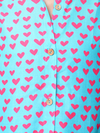 Teal Button-Down Shirt with Pink Heart Print