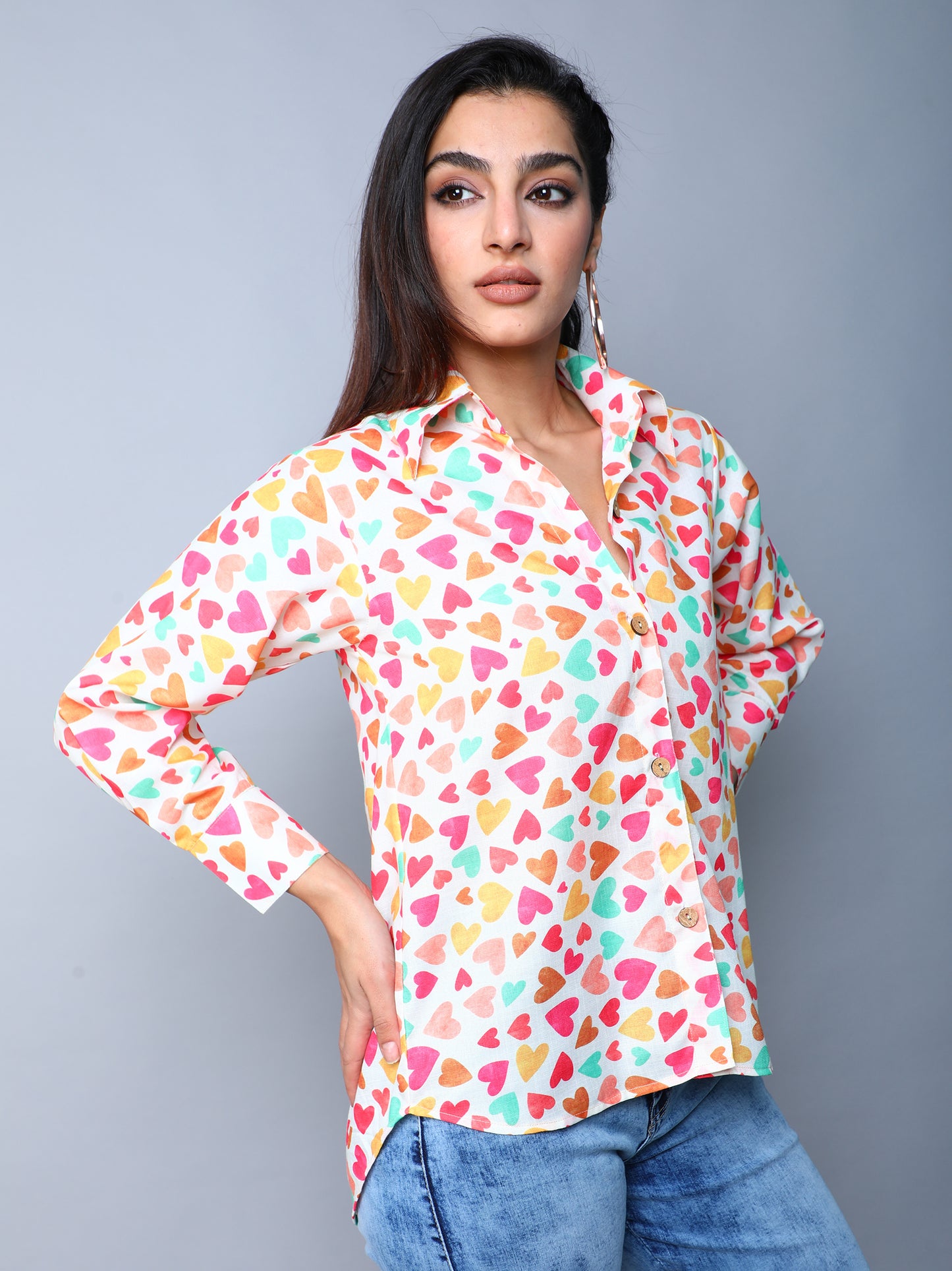 Multicolor Heart Print Casual Shirt- Multicolor