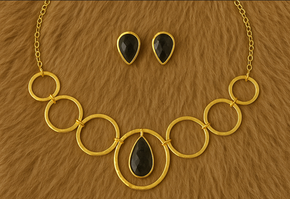 Gold-Tone Circle Motif Necklace & Teardrop Stud Earring Set