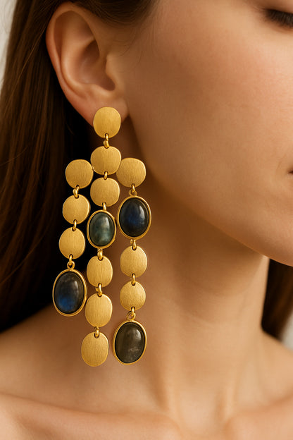 Gold-Toned Disc Drop Earrings with Black Synthetic Stones