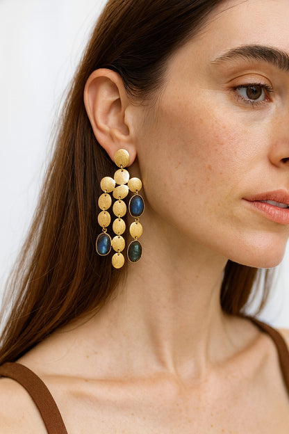 Gold-Toned Disc Drop Earrings with Black Synthetic Stones
