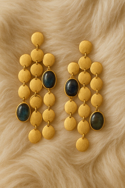 Gold-Toned Disc Drop Earrings with Black Synthetic Stones