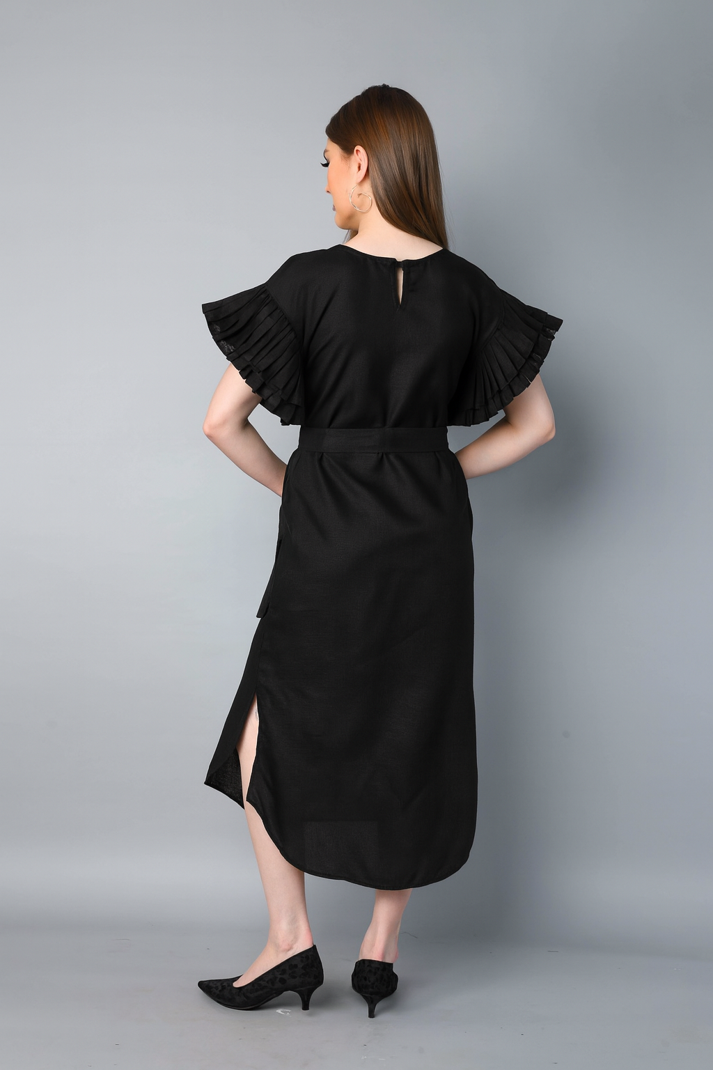 Double-Layered Pleated Ruffle Sleeve Dress -Black