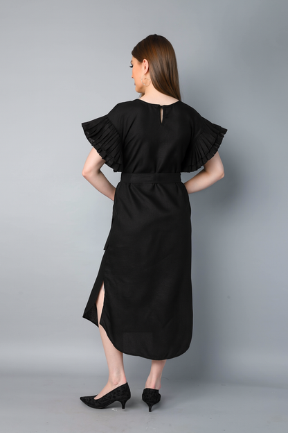 Double-Layered Pleated Ruffle Sleeve Dress -Black