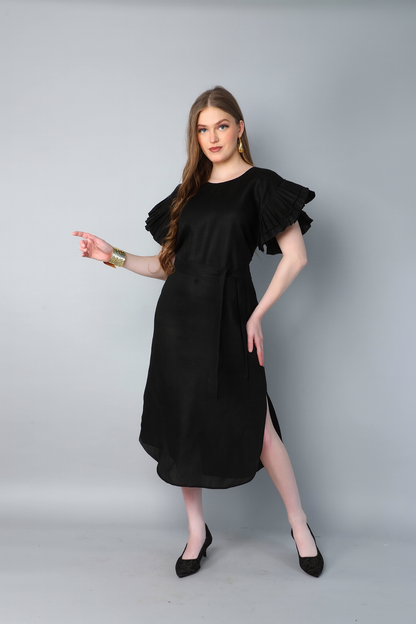 Double-Layered Pleated Ruffle Sleeve Dress -Black