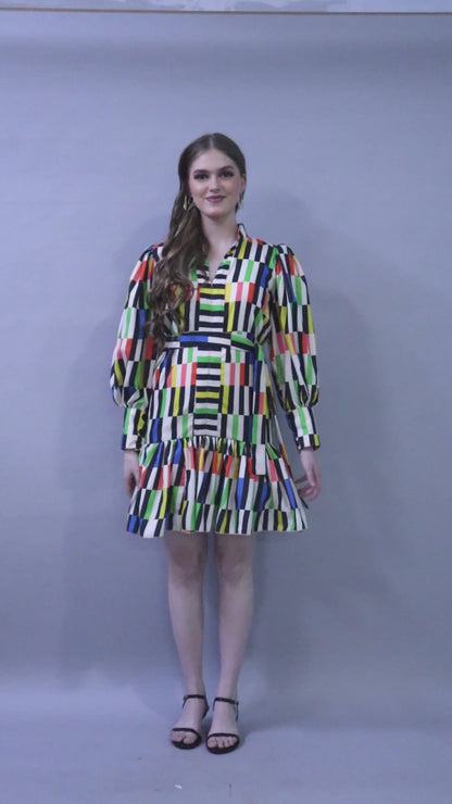 Multicolor Black Puff Sleeve Belted Dress