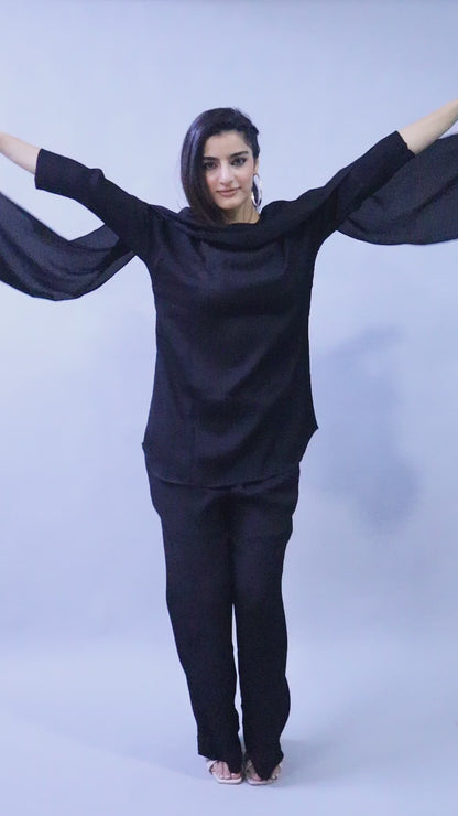 Solid Black Cape Style Co-Ord Set (Top & Pant)