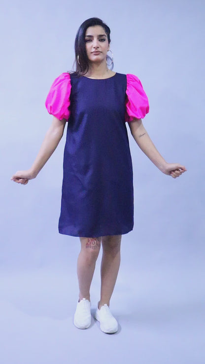 ColorBlock PuffSleeves Cotton Dress -Navy Blue