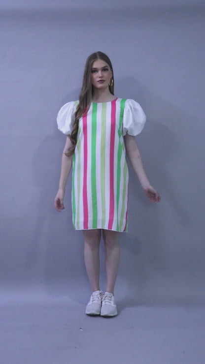 Striped Puff Sleeves Shift Dress -Coral