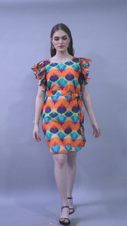 Double-Layered Pleated Ruffle Sleeve Printed Dress