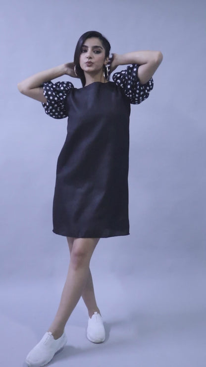 Black Dress with Polkadot Puff Sleeves
