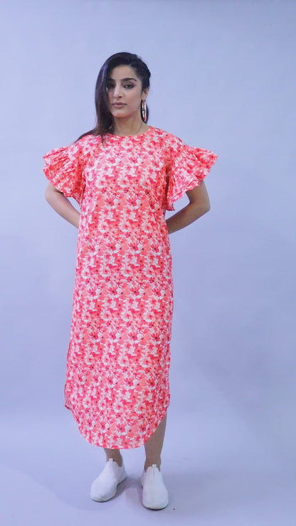 Double-Layered Pleated Ruffle Sleeve Floral  Dress-Orange