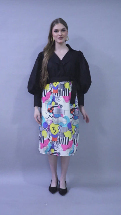 Black & Multicolor Printed One-Piece Dress with Puff Sleeves