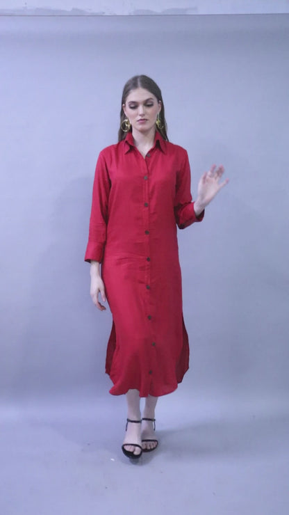 Solid Button-Down Shirt Dress-Red