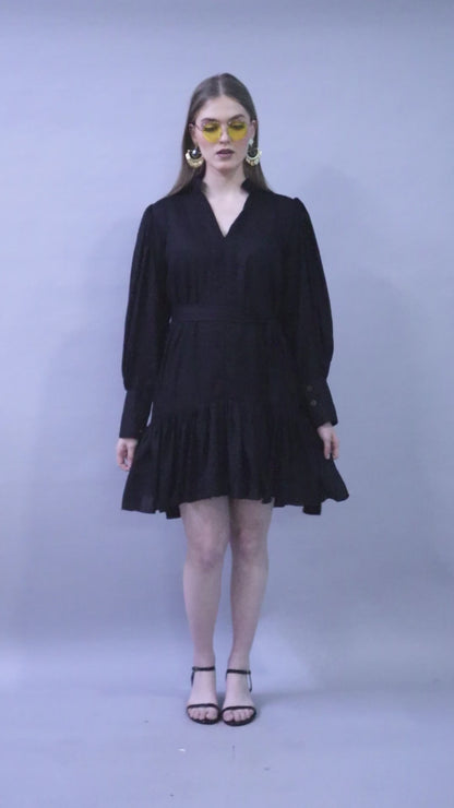 Black Puff Sleeve Belted Dress