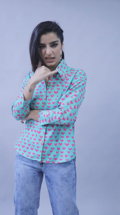 Teal Button-Down Shirt with Pink Heart Print