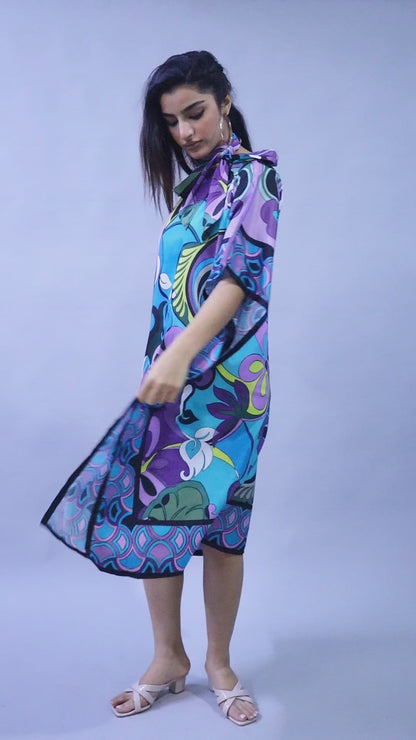 Elegant Abstract Print Satin Kaftan Dress –Blue