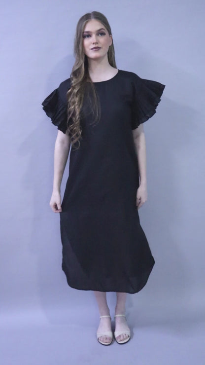 Double-Layered Pleated Ruffle Sleeve Dress -Black