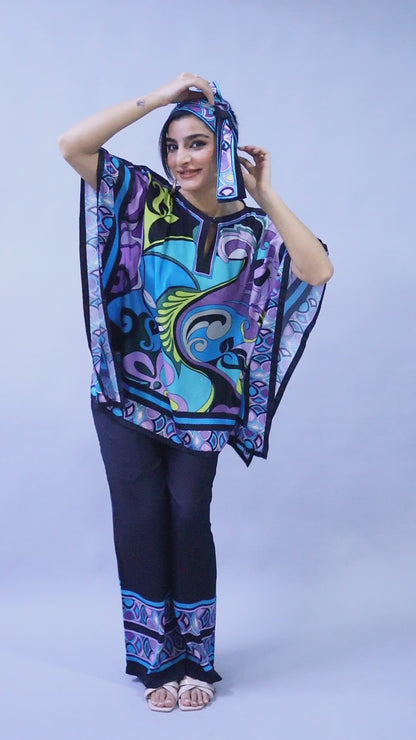 Printed Cape Style Co-Ord Set (Top & Wide-Leg Pants) – Blue & Black