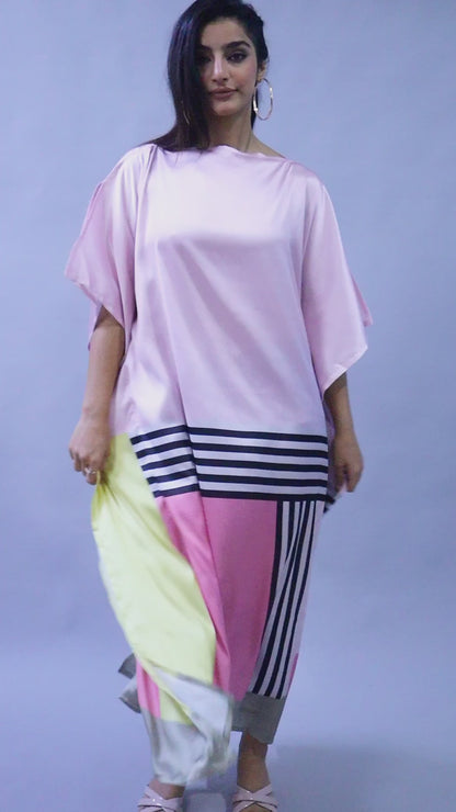 Satin Kaftan Dress with Geometric Border Print