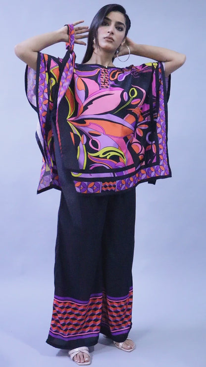 Printed Cape Style Co-Ord Set (Top & Wide-Leg Pants) – Pink & Black