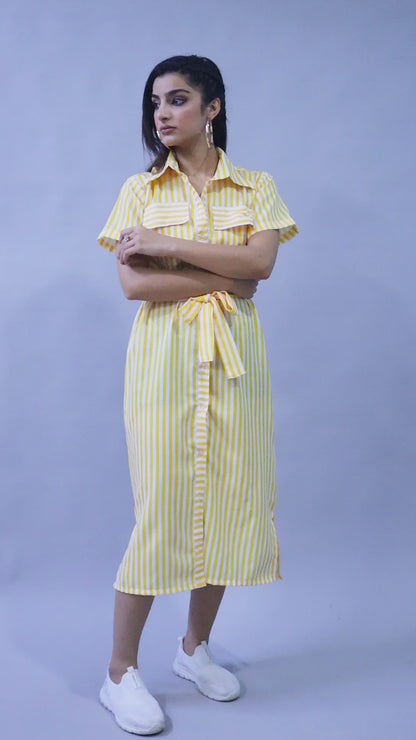 Sway In Stripes Midi  Shirt Dress - Yellow