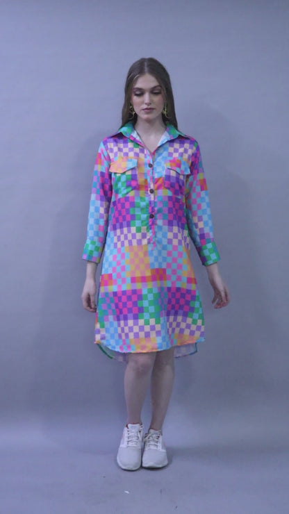 Multicolor Checkered Shirt Dress – Relaxed Fit with Front Buttons
