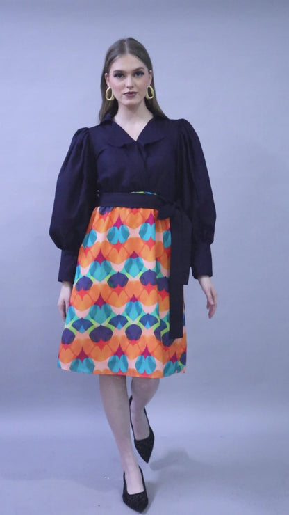 Navy Blue & Multicolor Printed One-Piece Dress with Puff Sleeves