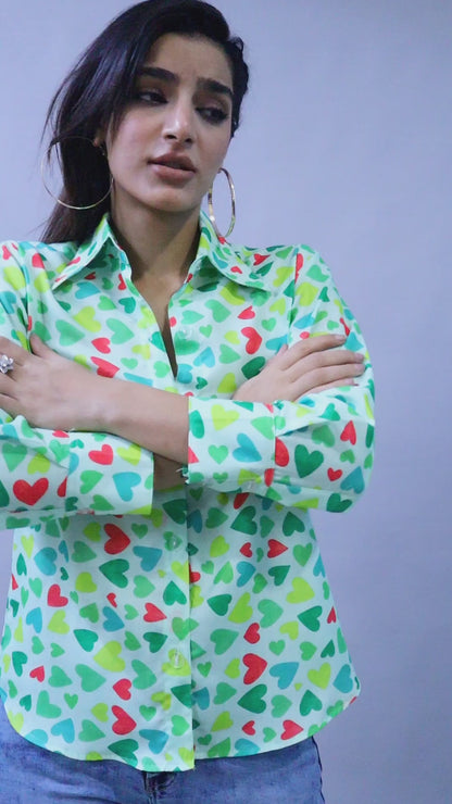 Multicolor Heart Print Casual Shirt- Aqua