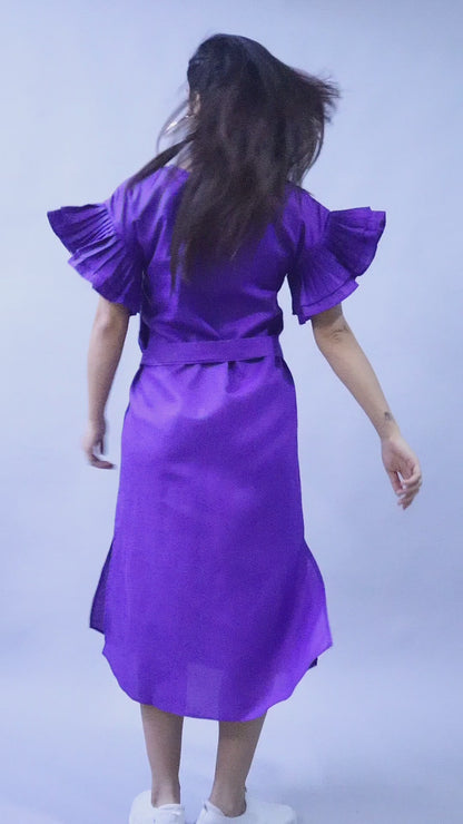 Double-Layered Pleated Ruffle Sleeve Dress -Purple