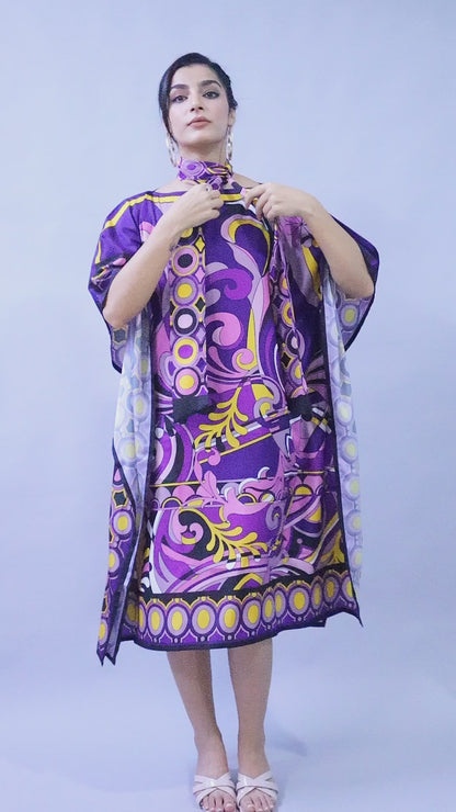 Elegant Abstract Print Satin Kaftan Dress – Purple Fusion
