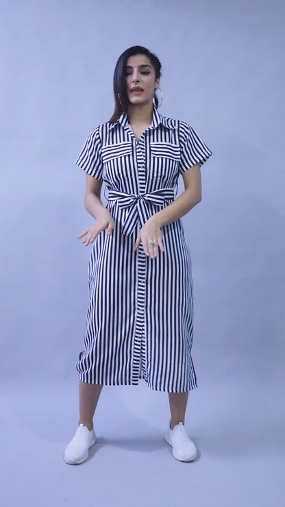 Sway In Stripes Midi  Shirt Dress -Black