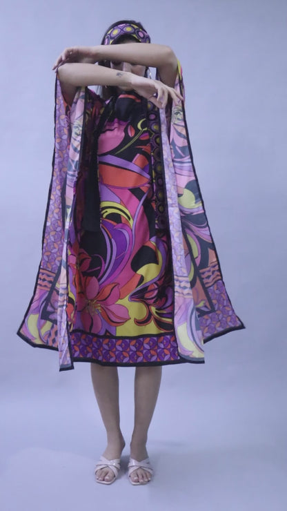 Elegant Abstract Print Satin Kaftan Dress – Pink