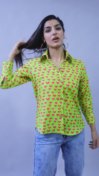 Lime Button-Down Shirt with Pink Heart Print
