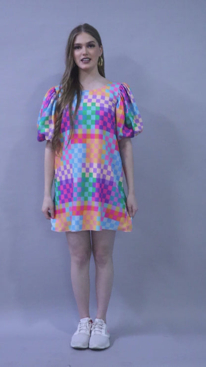 Pixel Pop Puff Sleeve Mini Dress