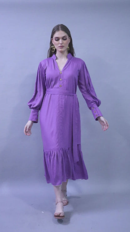 Lilac Puff Sleeve Belted Midi Dress