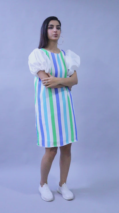 Striped Puff Sleeves Shift Dress -Blue