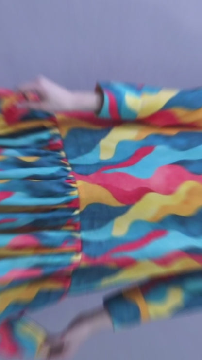 Multicolor Abstract Print Shirt Dress with Ruffle Hem