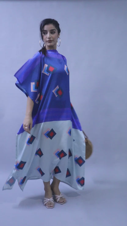 Satin Gometric Print Colorblock Kaftan