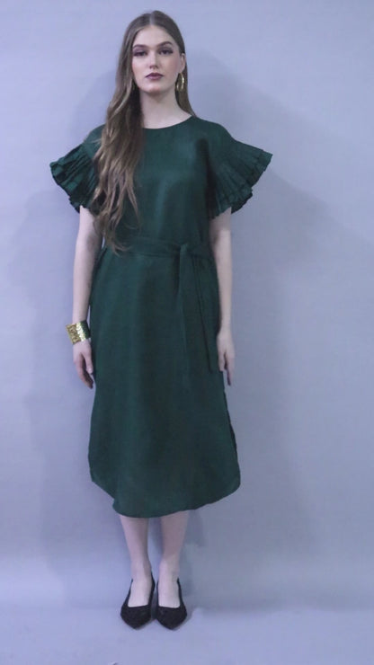 Double-Layered Pleated Ruffle Sleeve Dress -Green