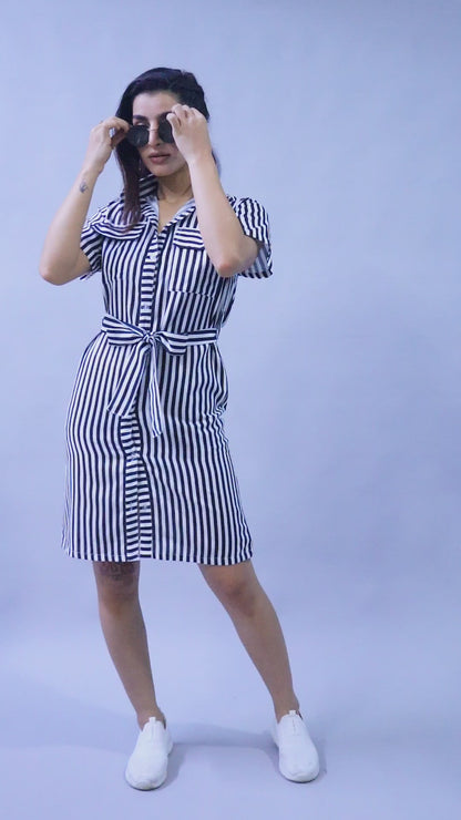 Sway In Stripes Shirt Dress -Black