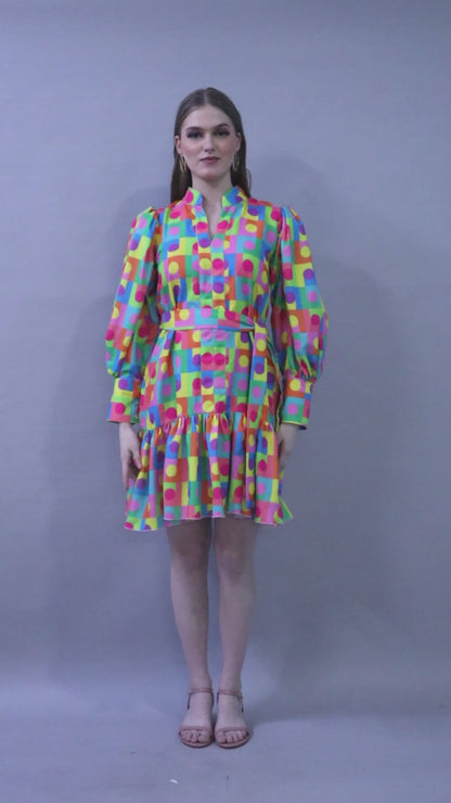 Retro Multicolor Geometric Print Puff Sleeve Dress