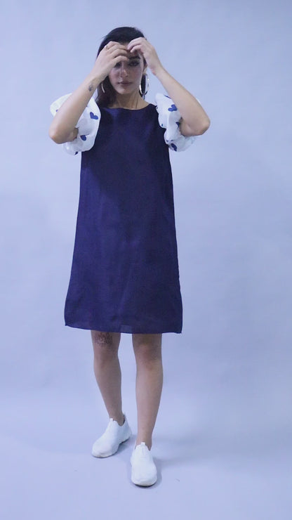 Navy Blue Dress with Printed Puff Sleeves