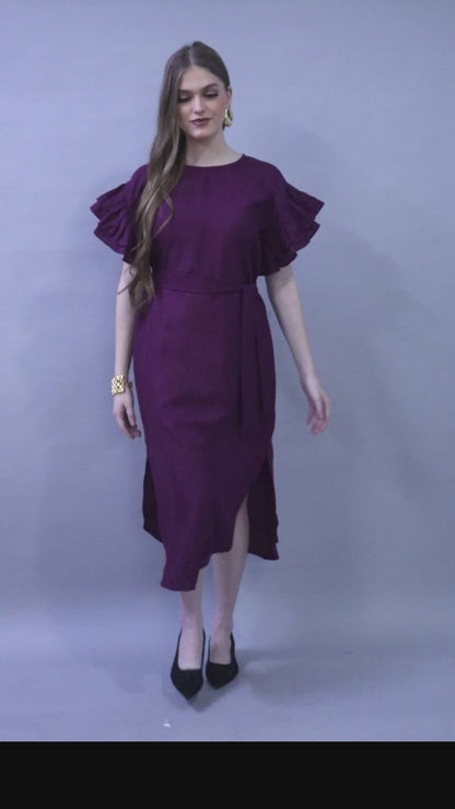 Double-Layered Pleated Ruffle Sleeve Dress -Burgundy