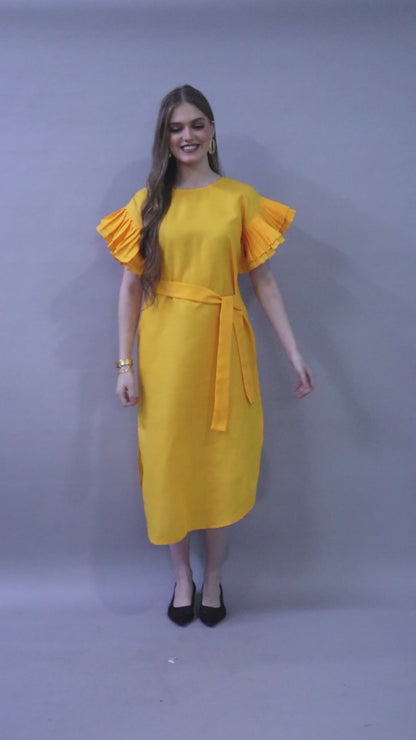 Double-Layered Pleated Ruffle Sleeve Dress -Yellow