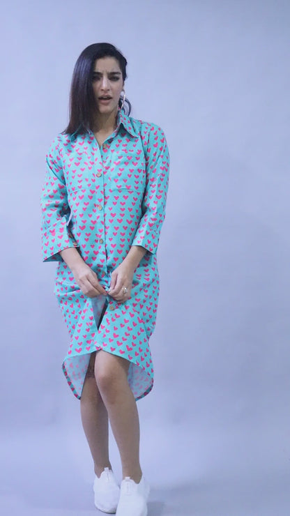 Heart Beat Shirt Dress -Teal