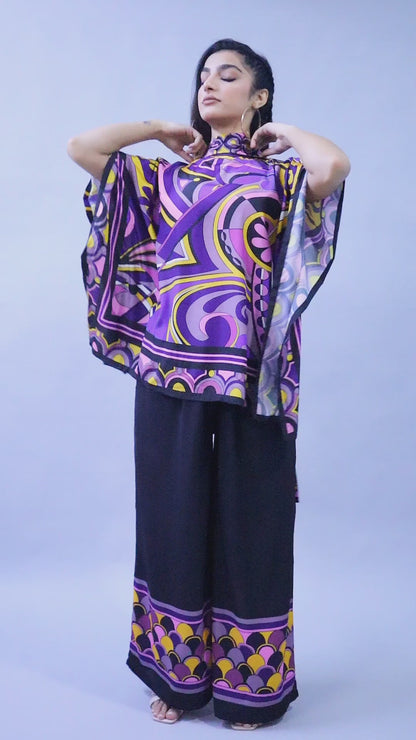 Printed Cape Style Co-Ord Set (Top & Wide-Leg Pants) – Purple & Black